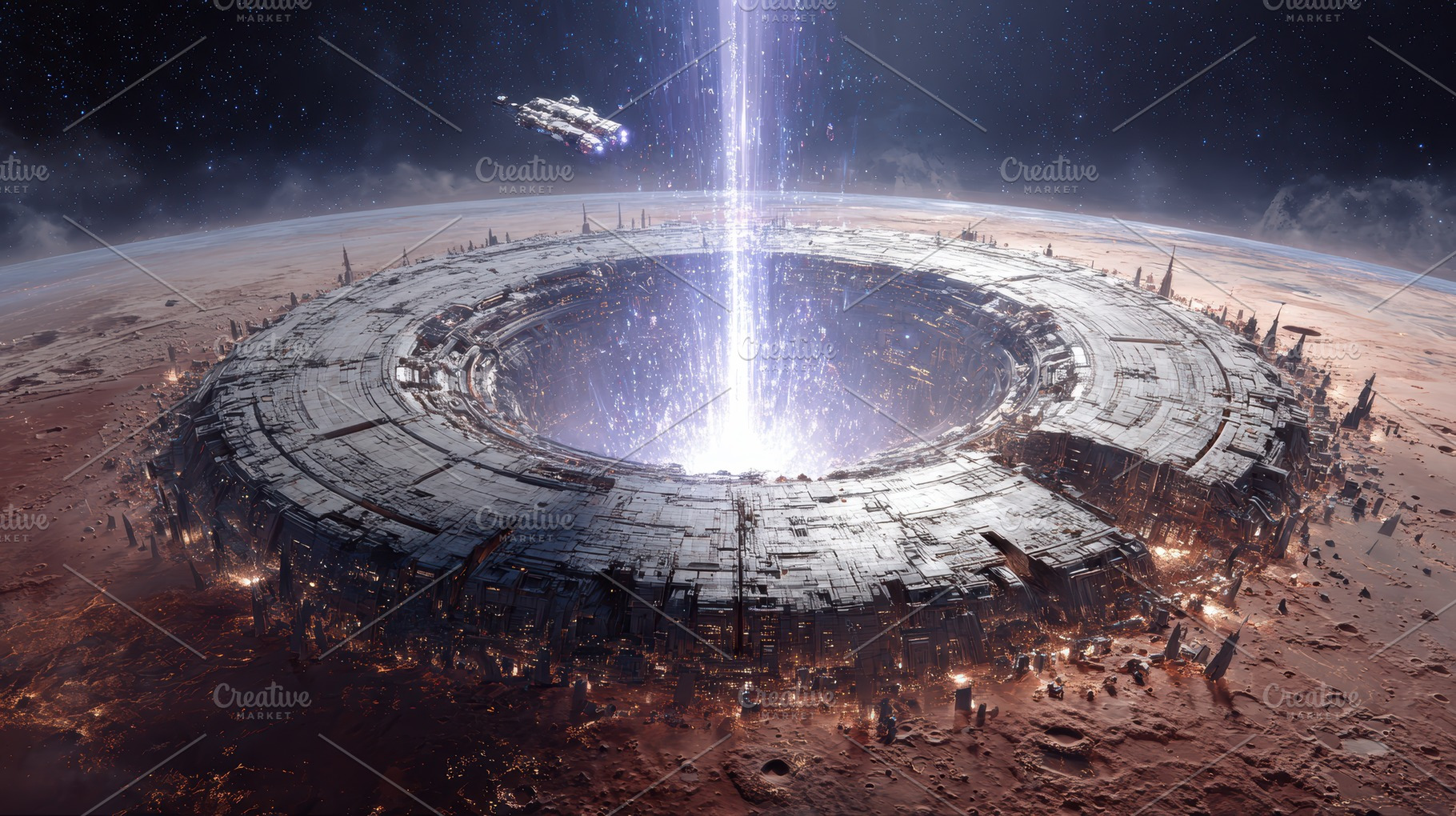 Spaceship approaching colossal ring, a Photo by Pixeness Studio