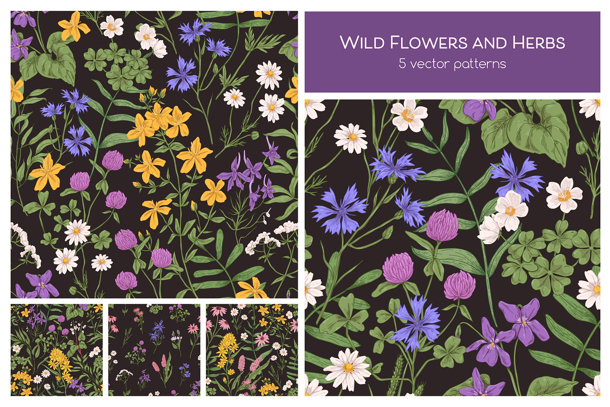 Wild flowers seamless patterns, a Pattern Graphic by Good Studio