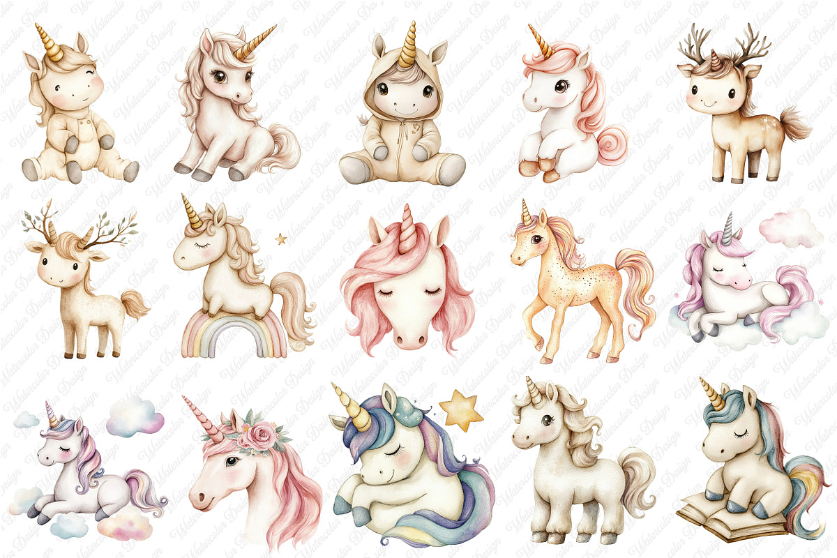 Neutral Unicorn Clipart, an Illustration by Watercolor design (Photo 2 of 12)