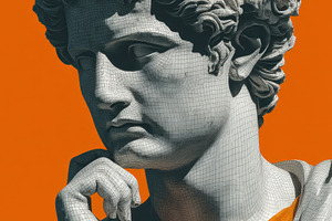 Classical marble statue in thoughtful pose with vivid orange bac, a Holiday Photo by José Manuel Gelpi