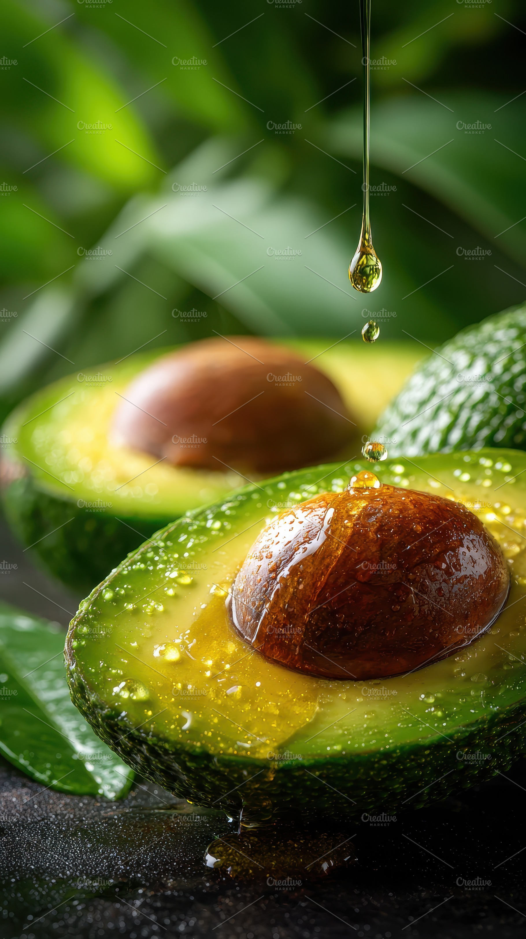 Avocado oil dripping onto fresh avoc, a Photo by Pixeness Studio