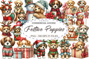 Cute Christmas Festive Puppies Clipa, an Illustration by designcity5