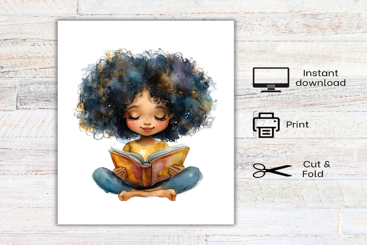 Watercolor Black Afro Girl Clipart, an Illustration by Canvas Craft (Photo 7 of 7)