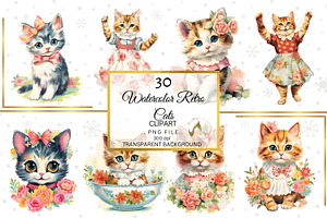 Watercolor Retro Floral Cats Clipart