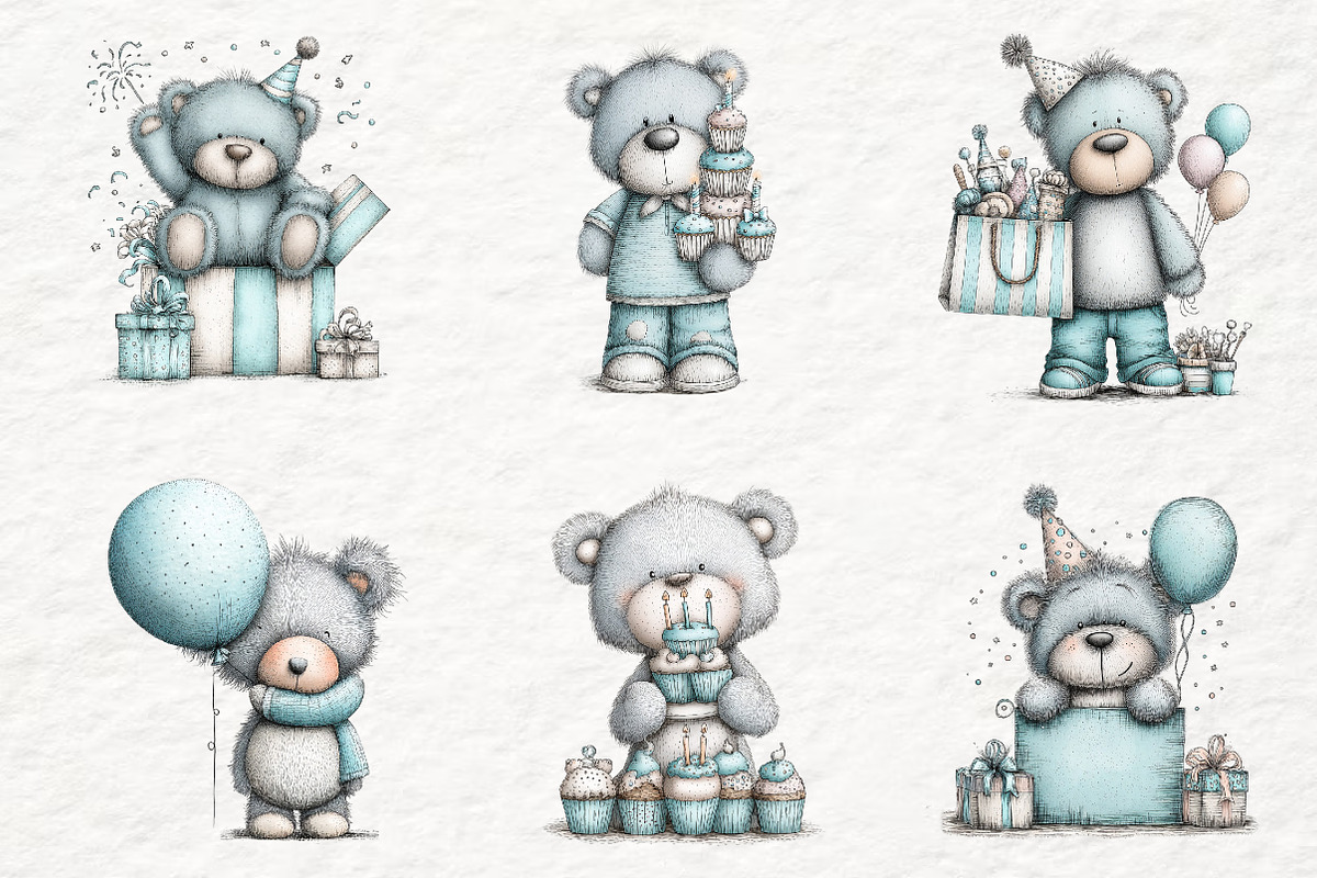 whimsical birthday teddy bear png, an Animal Illustration by Watercolor design (Photo 3 of 6)