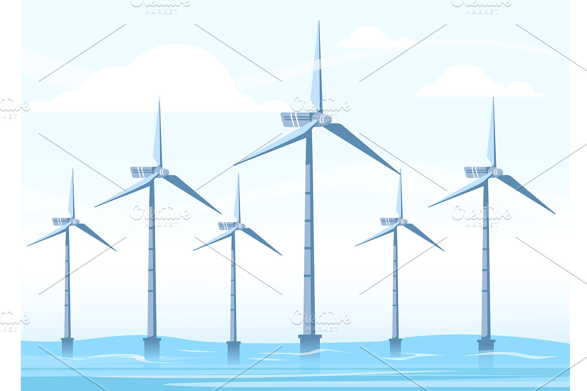 Wind farms in sea. Mill turbines in, an Illustration by Vectorbuum