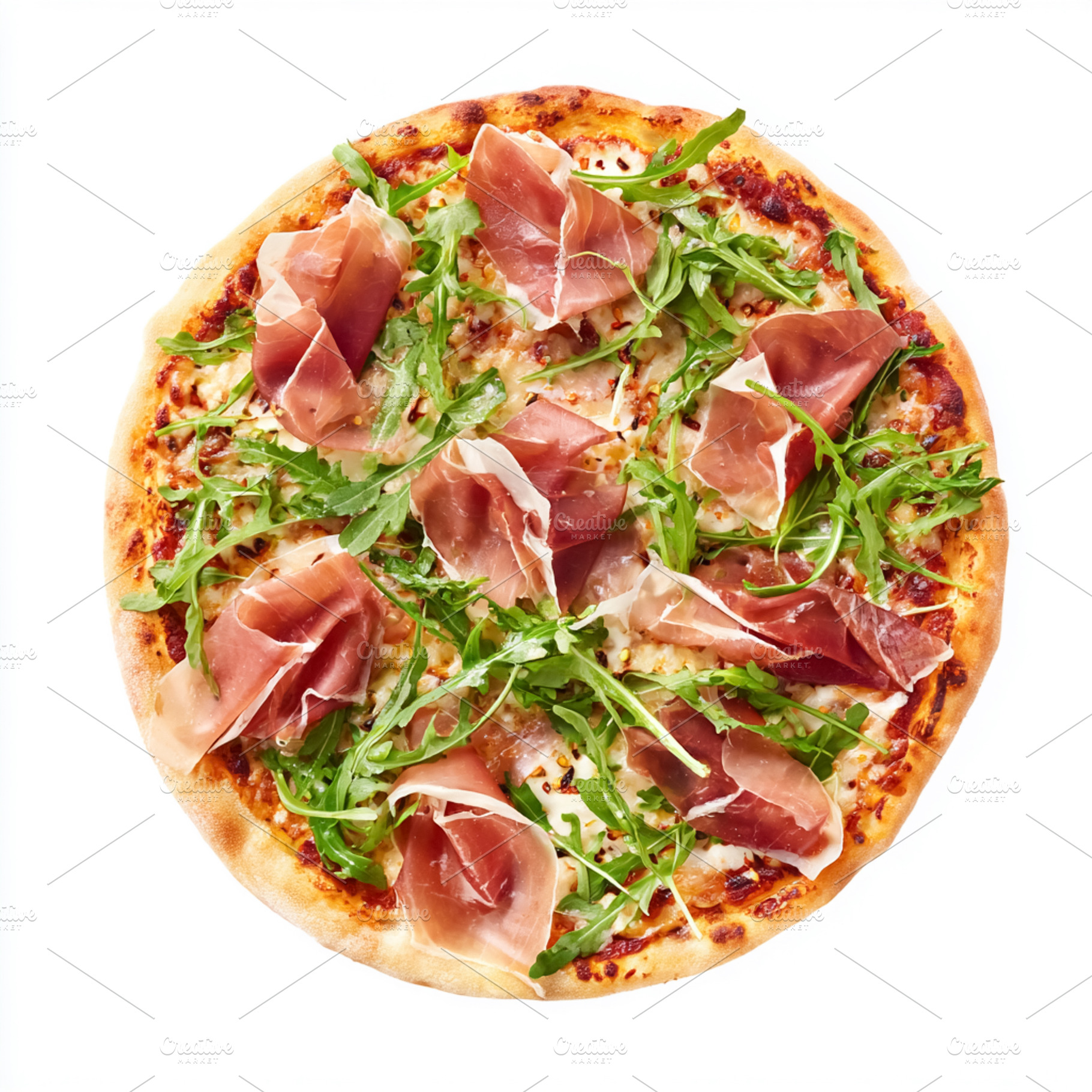 Traditional Italian pizza with prosciutto, arugula, and mozzarel, a Photo by Studio ANNA
