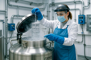 Scientist handling cryogenic tank, a Photo by rarrarorro