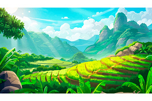 Terraced Rice Paddies Cartoon, an Illustration by LadadikArt