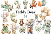 Watercolor Teddy Bear Clipart, an Illustration by DreamCafeArt (Thumbnail 1 of 8)