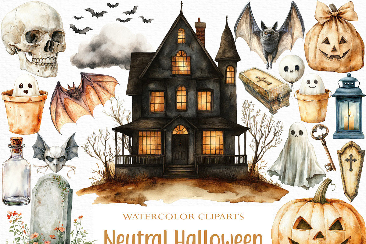 Watercolor Neutral Halloween Clipart, an Illustration by Craft Nest (Photo 1 of 6)