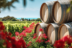Barrels and flowers in a vineyard, a Photo by Beautiful things