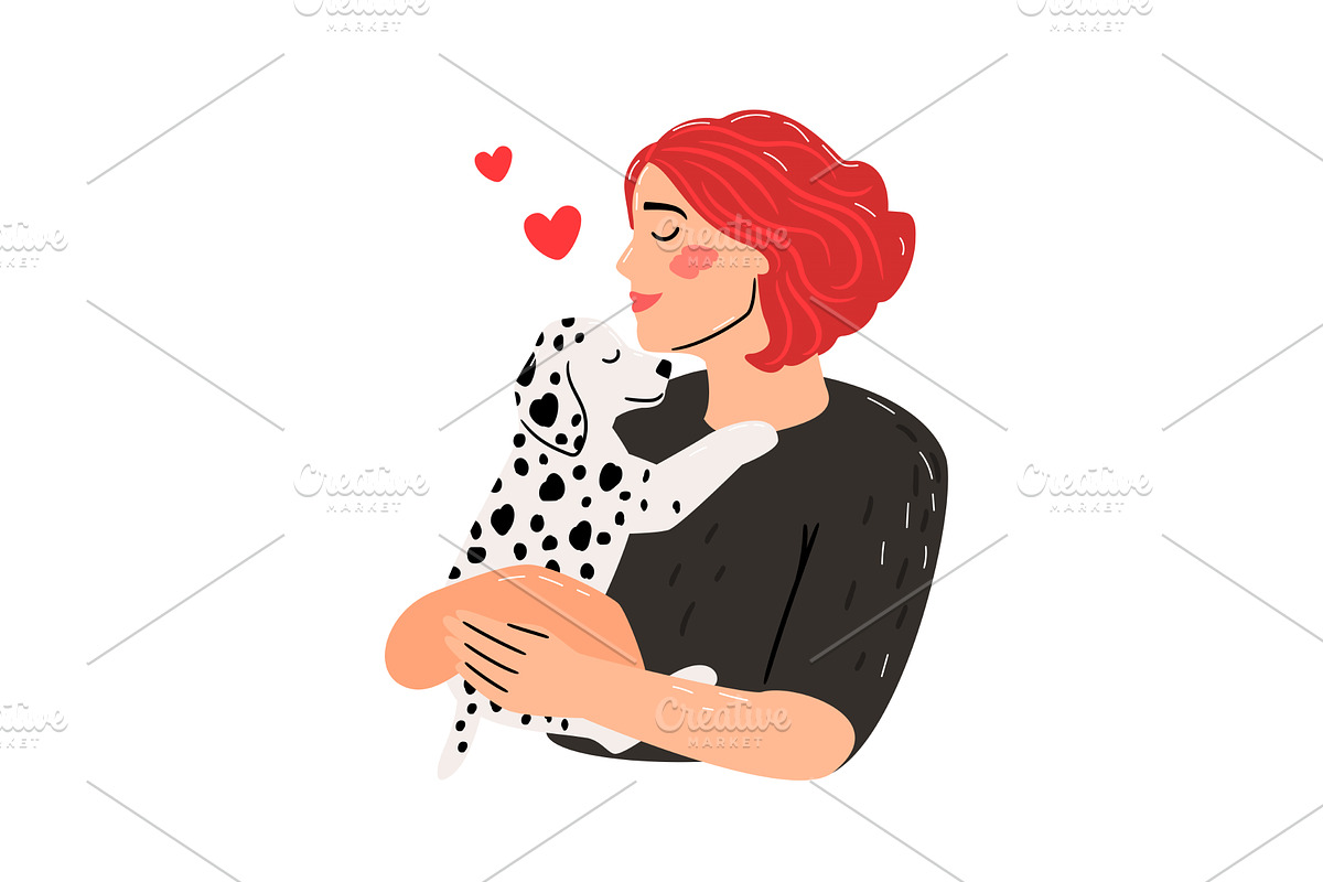Kind woman hugs puppy. Relaxing, an Animal Illustration by Stock-Smart-Start