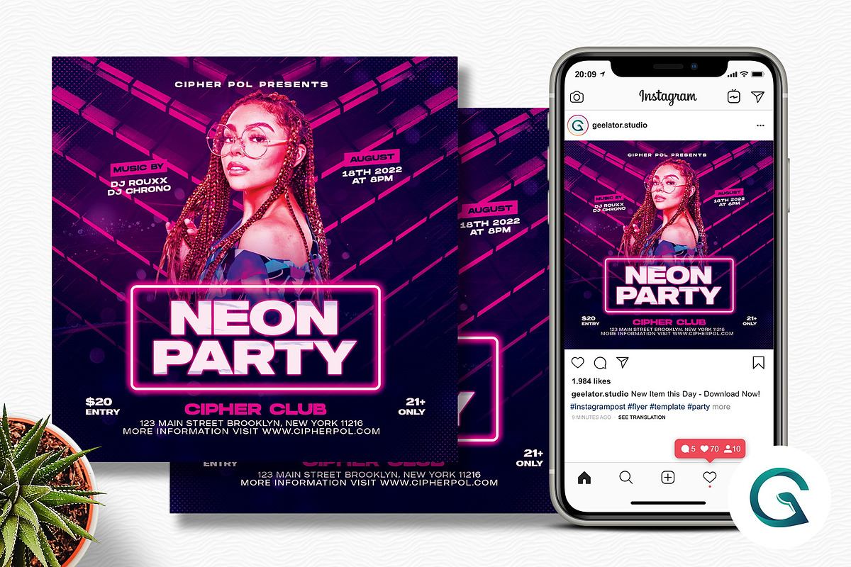 Neon Party Flyer Template, a Flyer Template by Geelator Studio