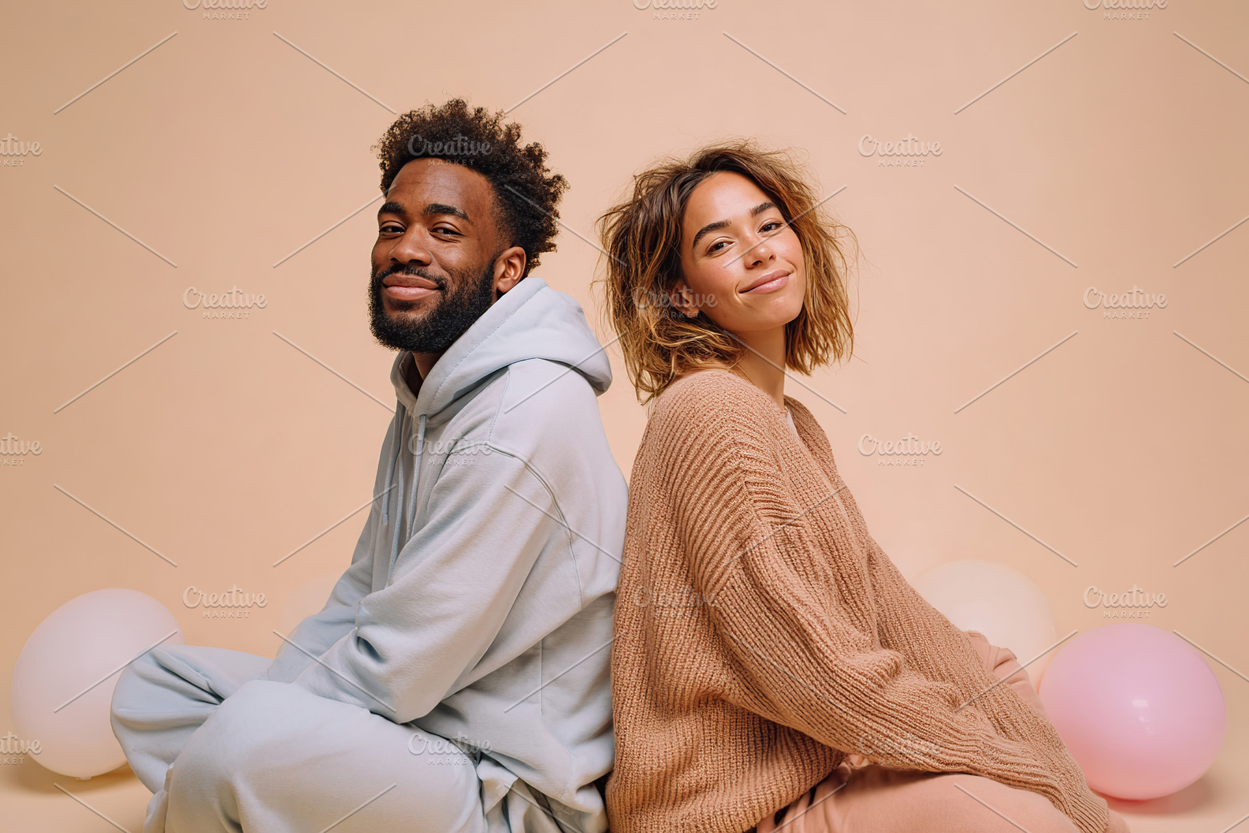 Young couple posing playfully back-to-back against a soft pastel background, a Photo by AlyaAnd