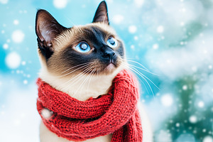 Cat with Red Scarf in Winter Snow, an Animal Photo by Ales Munt