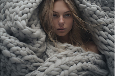 Woman wrapped in large knitted, a Person Photo by Ylivdesign