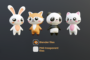 3D Cute Animals In Kawaii Style.