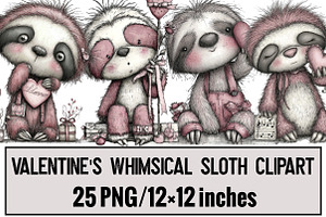 Valentine's Whimsical Sloth Clipart, an Illustration by Design Market