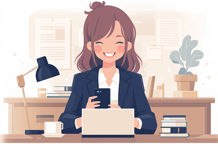 Smiling Businesswoman Using Smartphone While Working at Her Desk, a Photo by AS photostudio