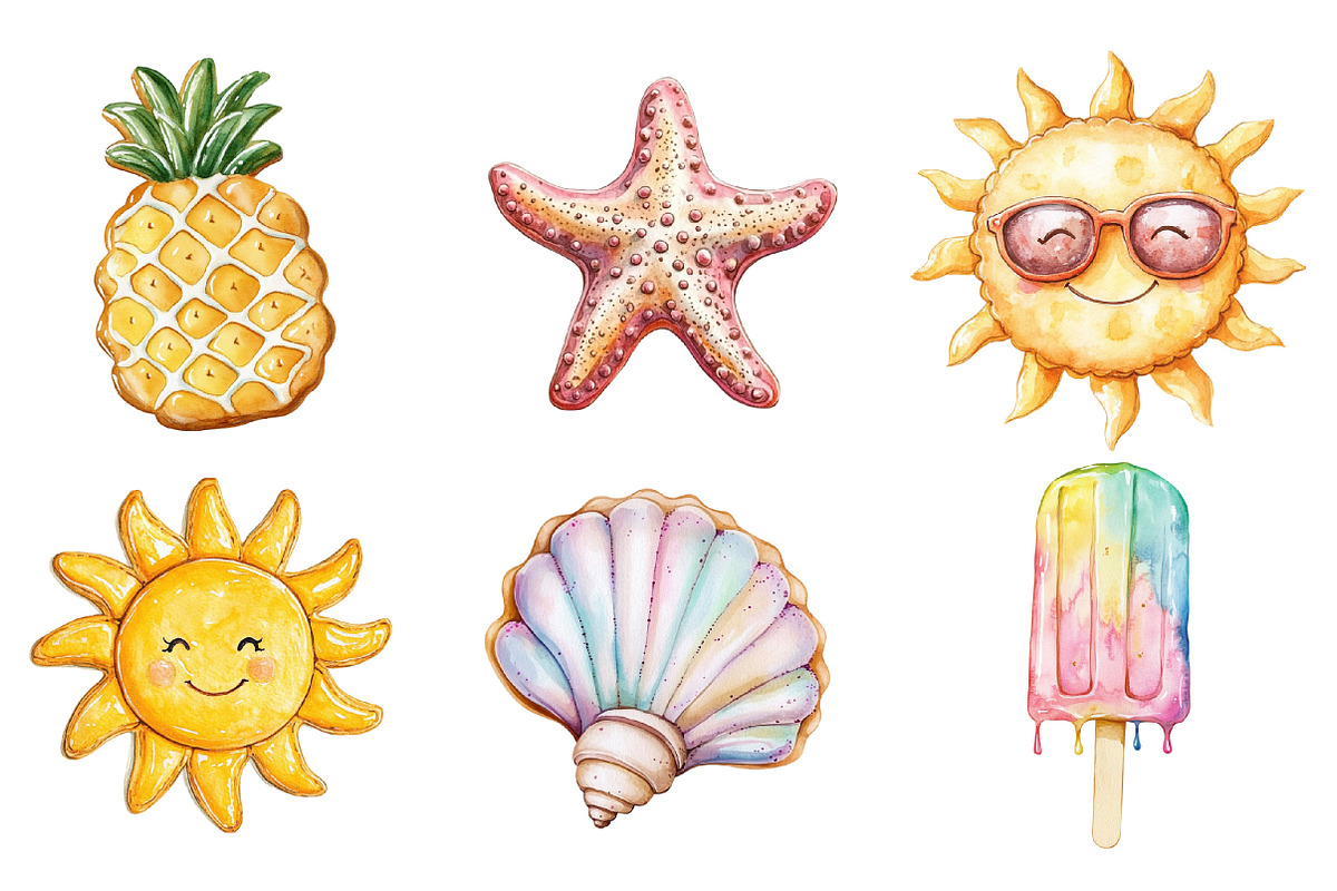 Watercolor Summer Cookies Clipart, an Illustration by SinaCreation (Photo 2 of 7)