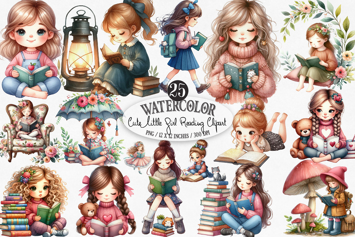 Cute Little Girl Reading Clipart, an Illustration by Designking (Photo 1 of 4)