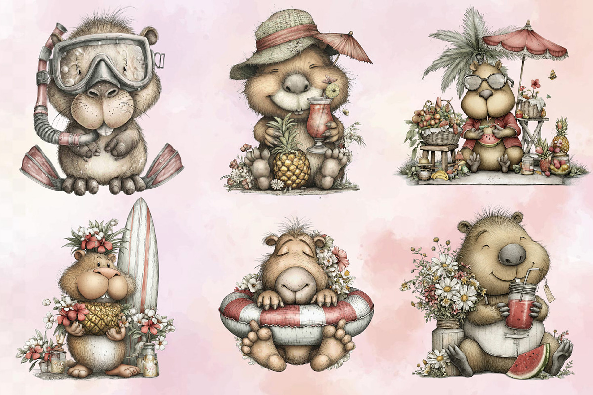 Summer Funny Capybara Clipart Bundle, an Illustration by SVGArt (Photo 5 of 9)