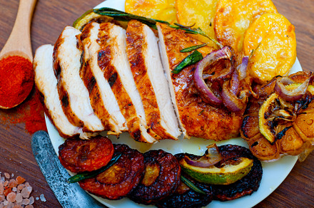 roasted grilled BBQ chicken breast with herbs and spices, a Food & Drink Photo by keko64