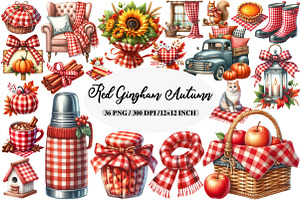 Red Gingham Autumn Clipart, an Illustration by Daily.Designs