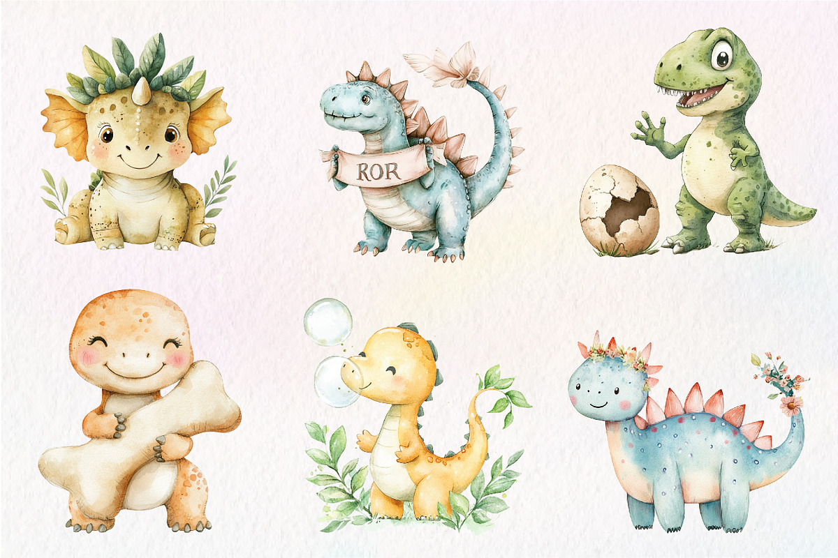 Watercolor Prehistoric Cute Dinosaur, an Illustration by CreationArt (Photo 3 of 9)
