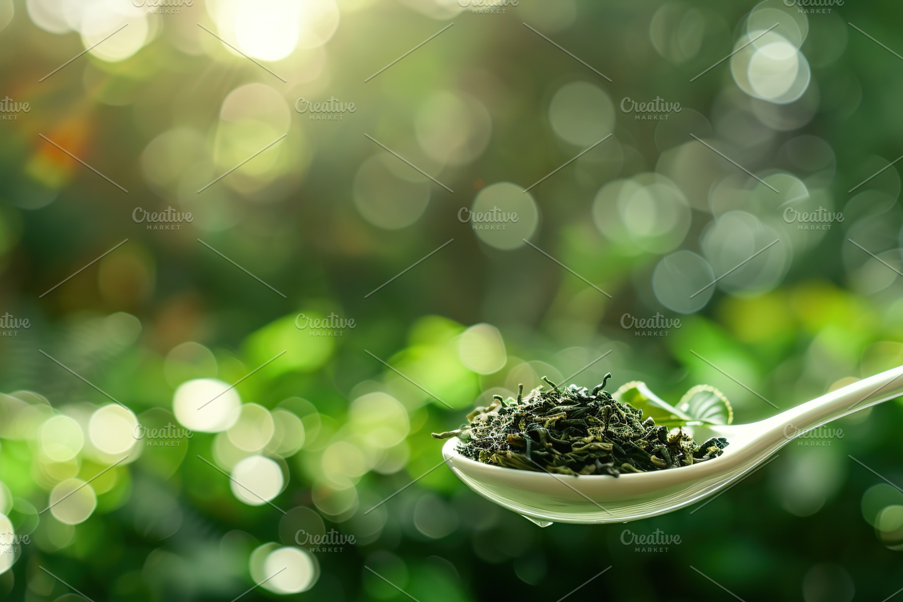 Dry tea leaves in spoon blurred green background, a Food & Drink Photo by AlyaAnd