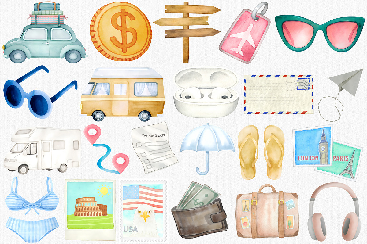 Watercolor Travel Clipart Set, an Illustration by CropUp Creative (Photo 3 of 4)