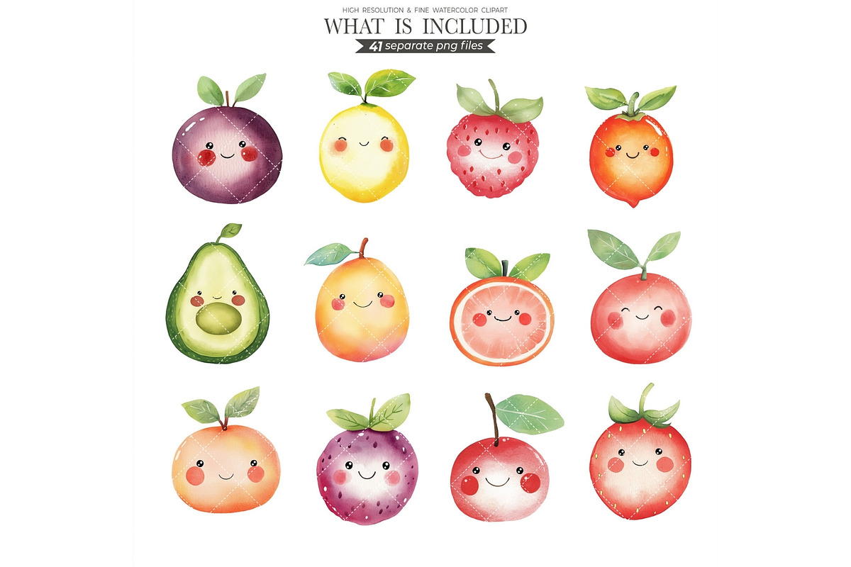 Cute Fruits Clipart Watercolor PNG, an Illustration by CharmClipart (Photo 2 of 9)