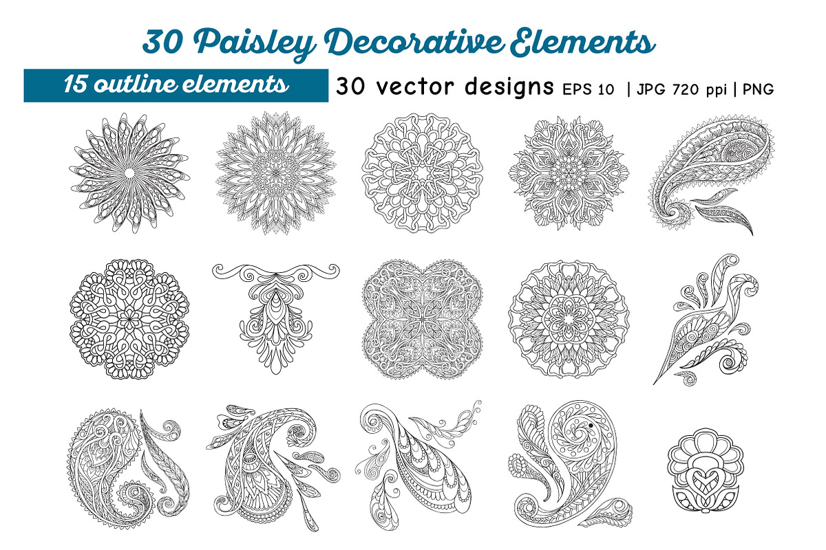 30 Paisley and Mandala Elements, a Decorative Illustration by Elen-Lane (Photo 2 of 5)
