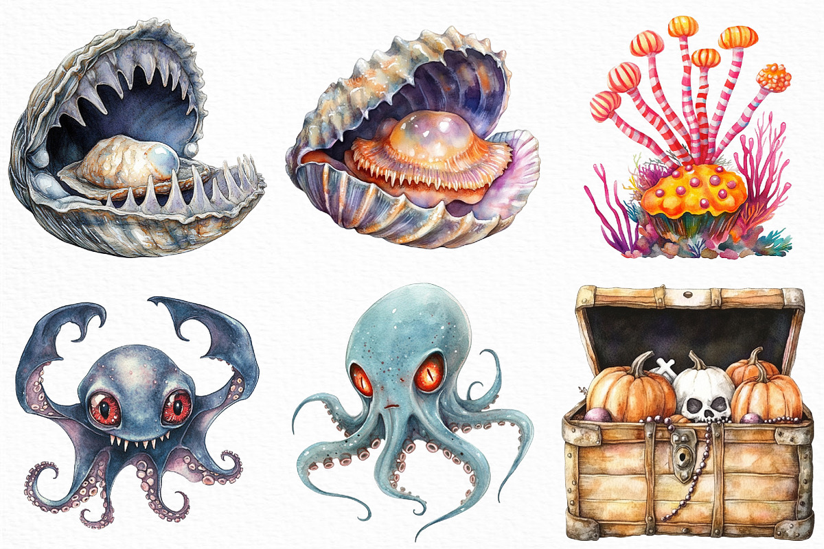 Watercolor Halloween Undersea PNG, an Illustration by Craft Nest (Photo 4 of 6)