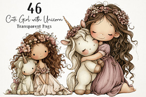 Cute Girl with Unicorn PNG Clipart, a Seasonal Illustration by RobertsArt