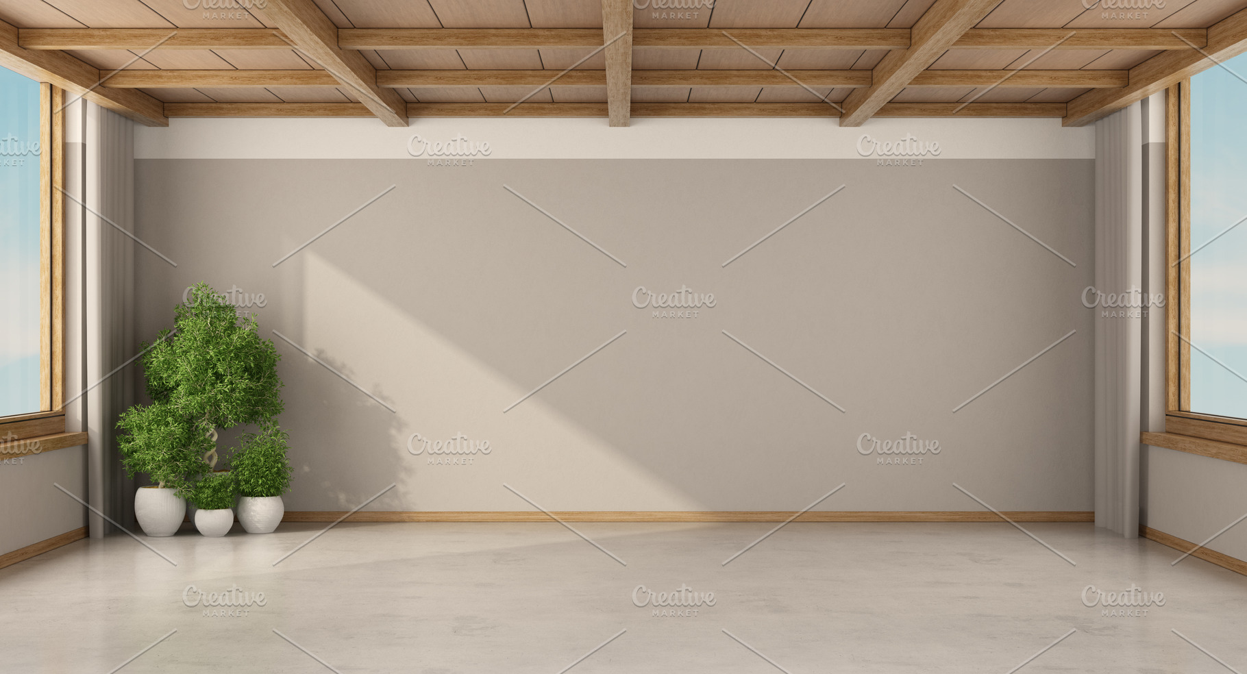 Empty room with houseplants and wooden ceiling, an Architecture Photo by Archideaphoto