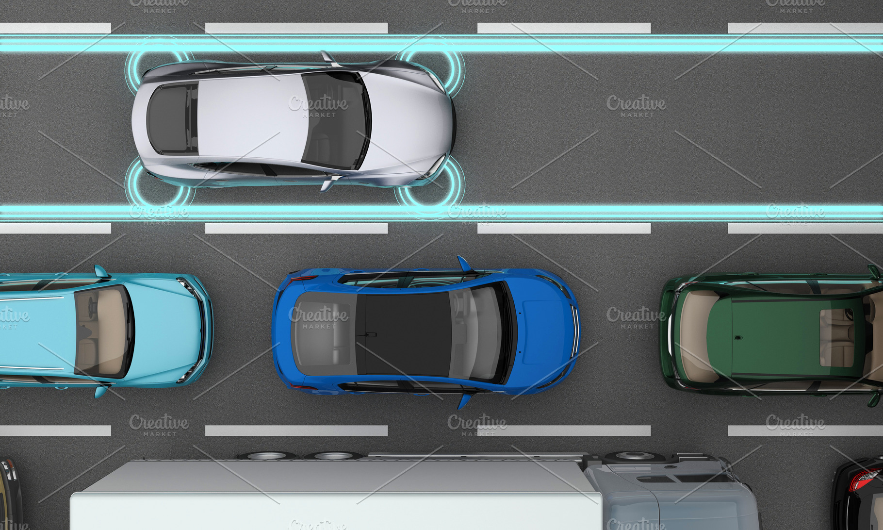 car with distance sensors in flow, a Transportation Photo by digibox