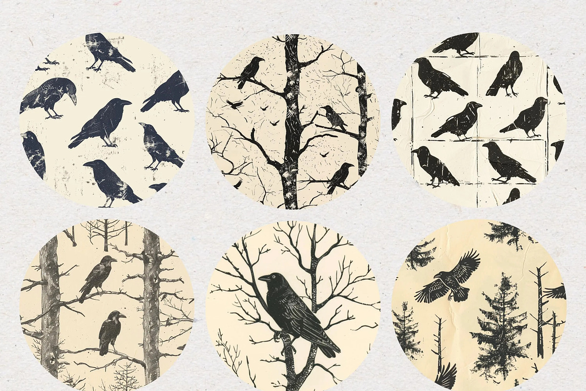 Crow Stamp Printed Seamless Patterns, a Pattern Graphic by Natural Planners (Photo 4 of 4)