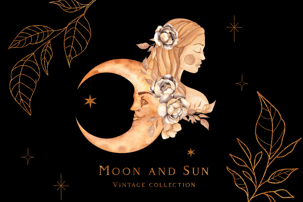 Vintage moon and sun., an Illustration by ma_i_vi, image size:1200x800