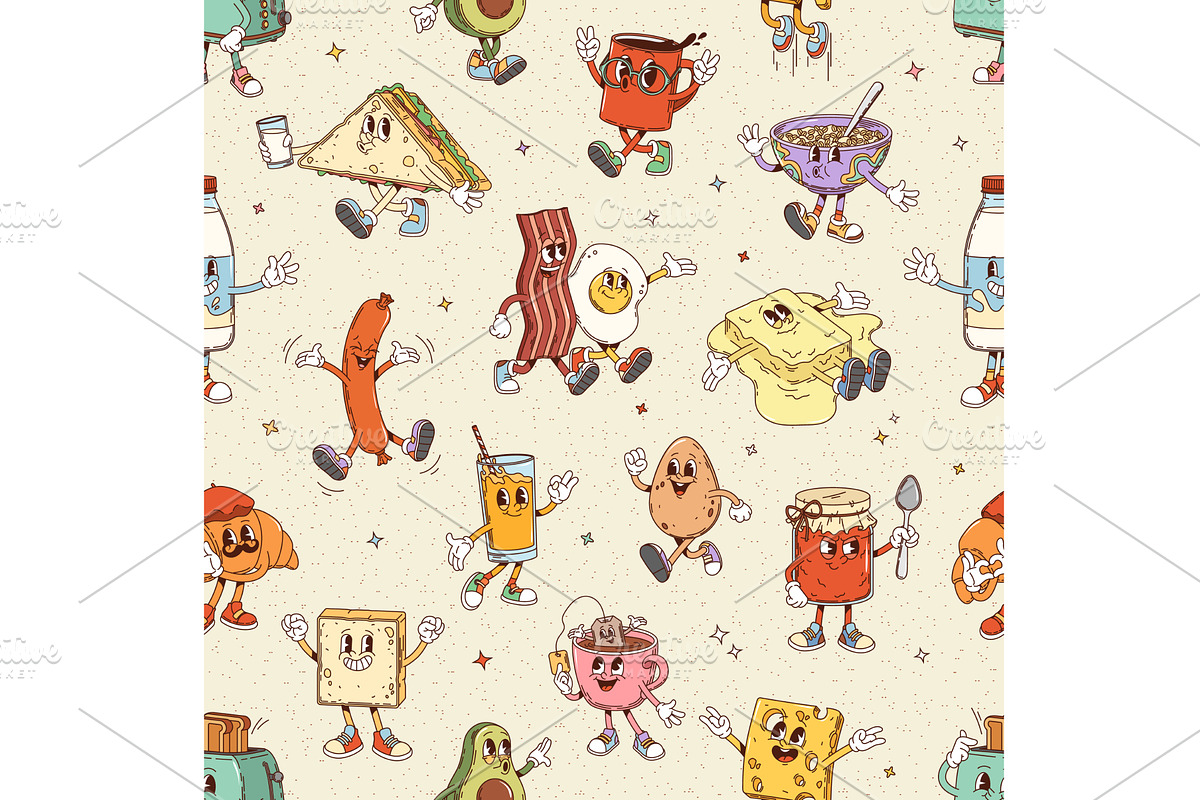 Retro groovy breakfast pattern, a Food Illustration by Buch&Bee