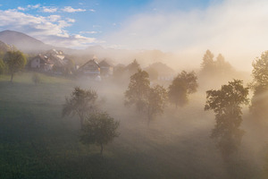 Farmland and countryside in the morning fog