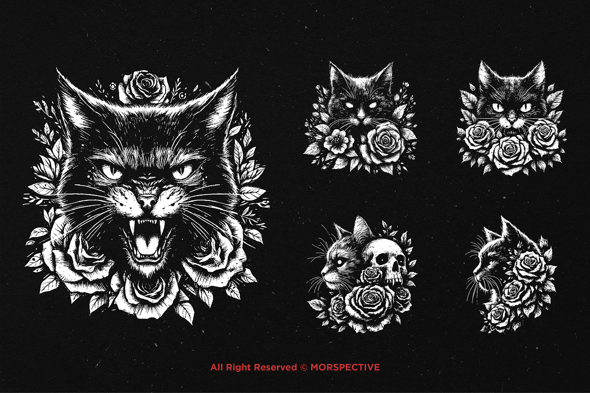 10 Bundle Dark Art Cat Floral Rose, an Illustration by Morspective (Photo 3 of 7)