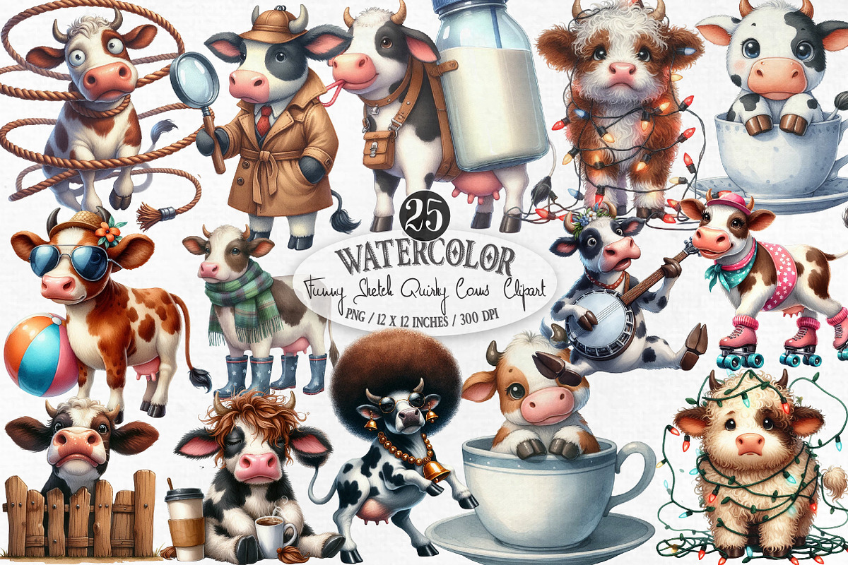 Funny Sketch Quirky Cows Clipart, an Illustration by Designking (Photo 1 of 4)