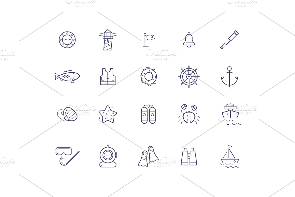 linear icons on the marine theme, a Food Illustration by fet