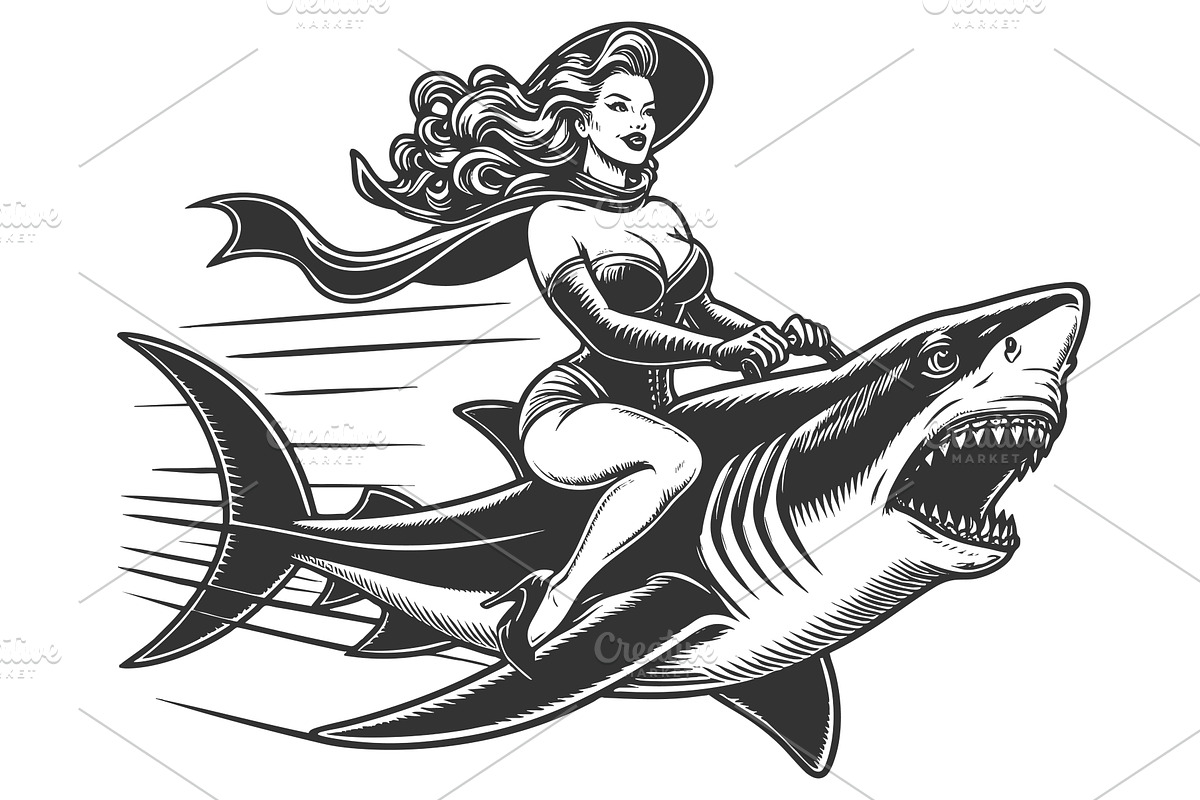 Pin-Up Girl Riding Shark engraving, a Person Illustration by AlexArt