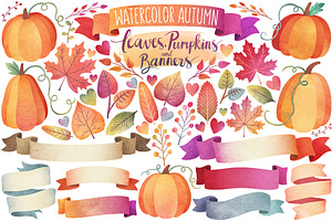 Watercolor Autumn Leaves & Banners