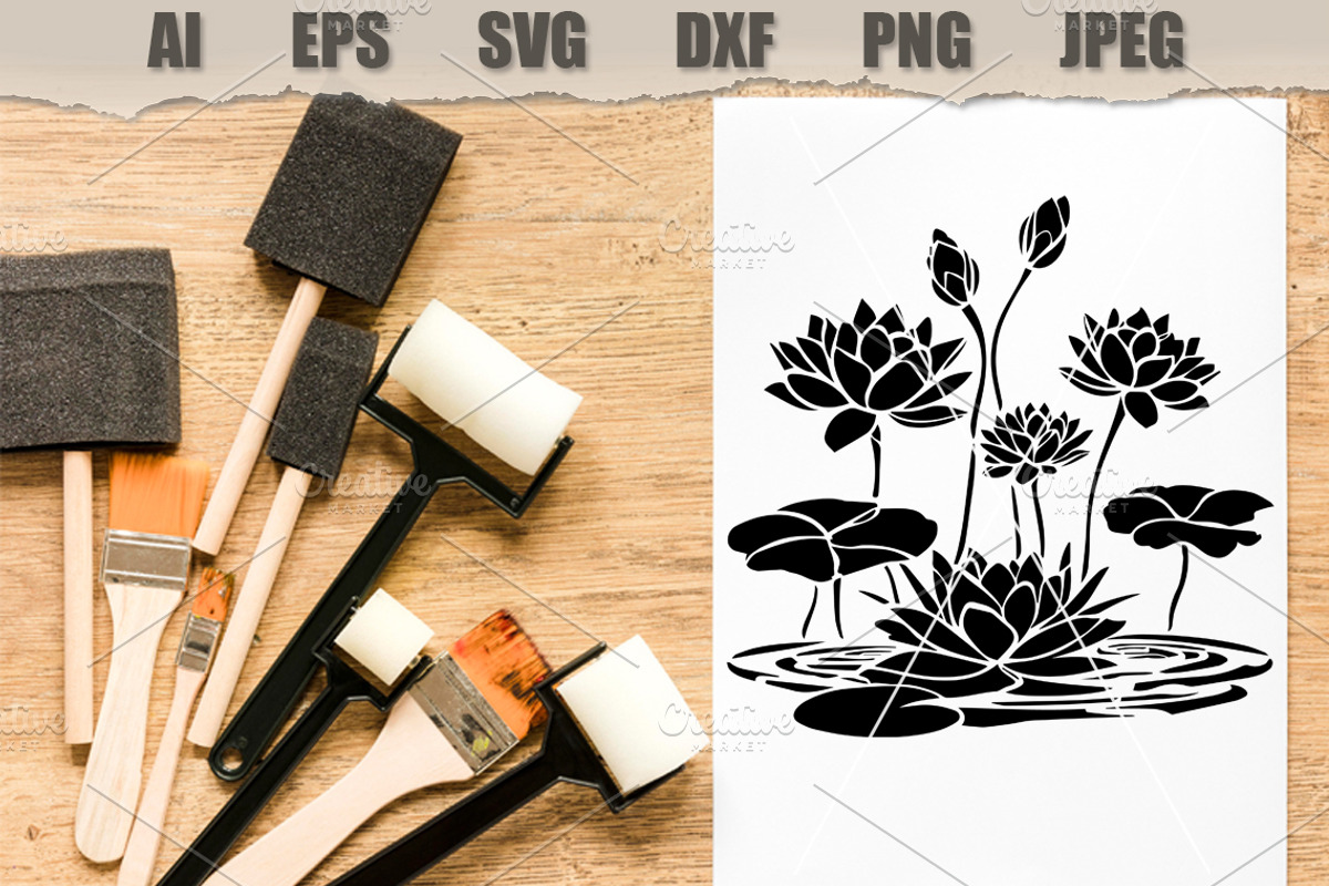 Stencil Lotus Pond Floral, a Decorative Illustration by MARYCRAFTIRIA (Photo 2 of 3)