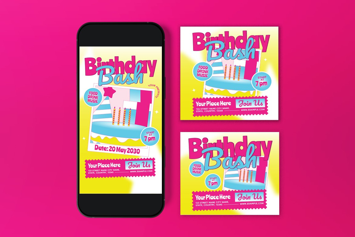 Yellow Pink Birthday Bash Flyer Set, a Flyer Template by graphicook (Photo 6 of 6)