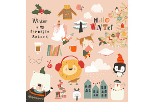 Winter Set With Cute Animals, Girl